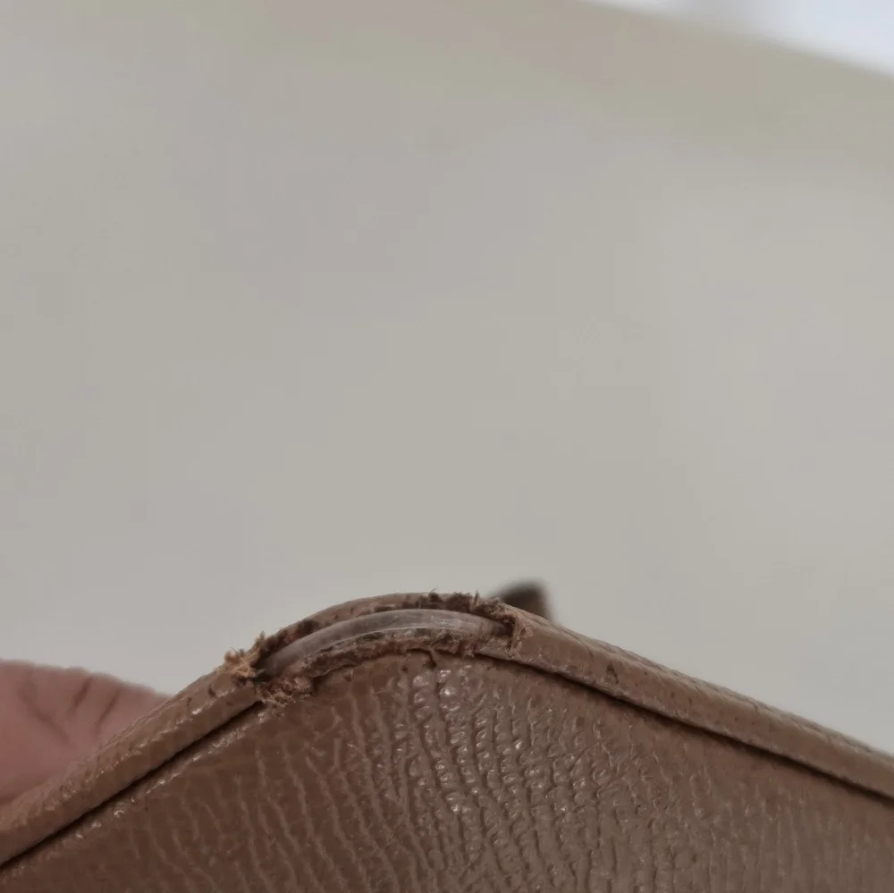 Coach Brown Saffiano Leather Wristlet Zip Pouch Gold Logo Strap.